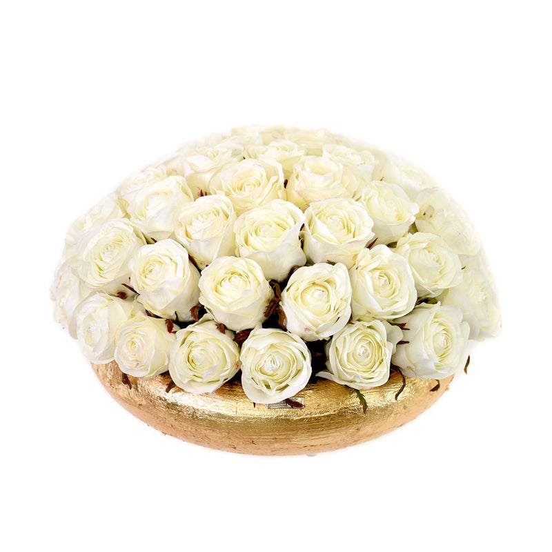 White Roses in Gold or Silver Leaf Bowl