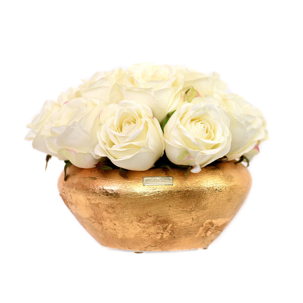 White Roses in Gold or Silver Leaf Bowl