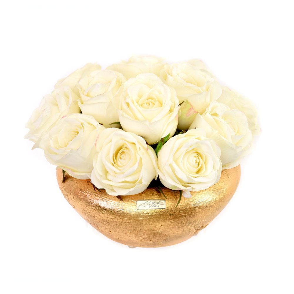 White Roses in Gold or Silver Leaf Bowl